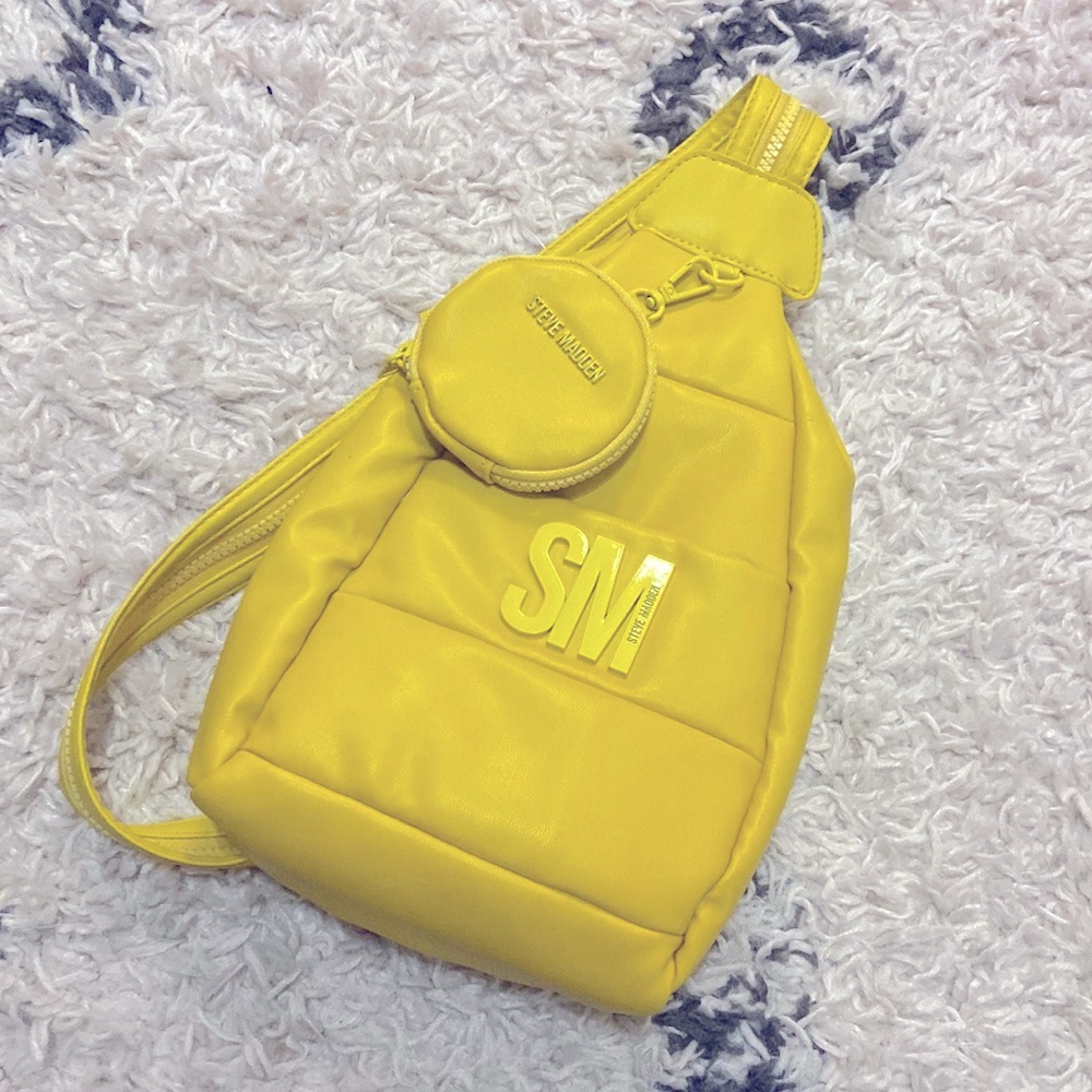 Yellow Steve Madden bookbag, convertible shoulder bag or crossbody bag